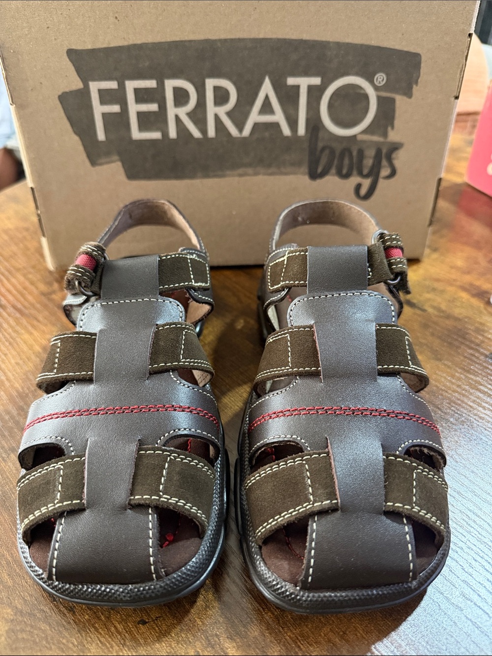 Boys Brown Sandals with Red Stitching
